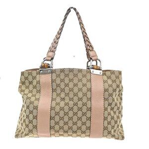 GUCCI Logo Bamboo GG Shoulder Hand Bag Canvas Leather Beige Pink Italy 32MA171